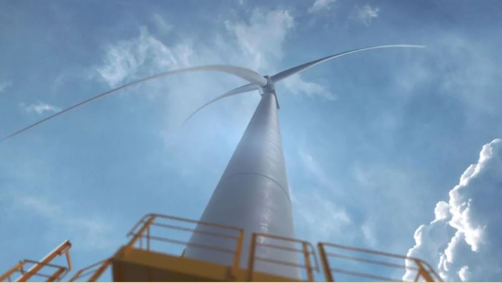 A ground view of the blades of the Siemens Gamesa wind turbine