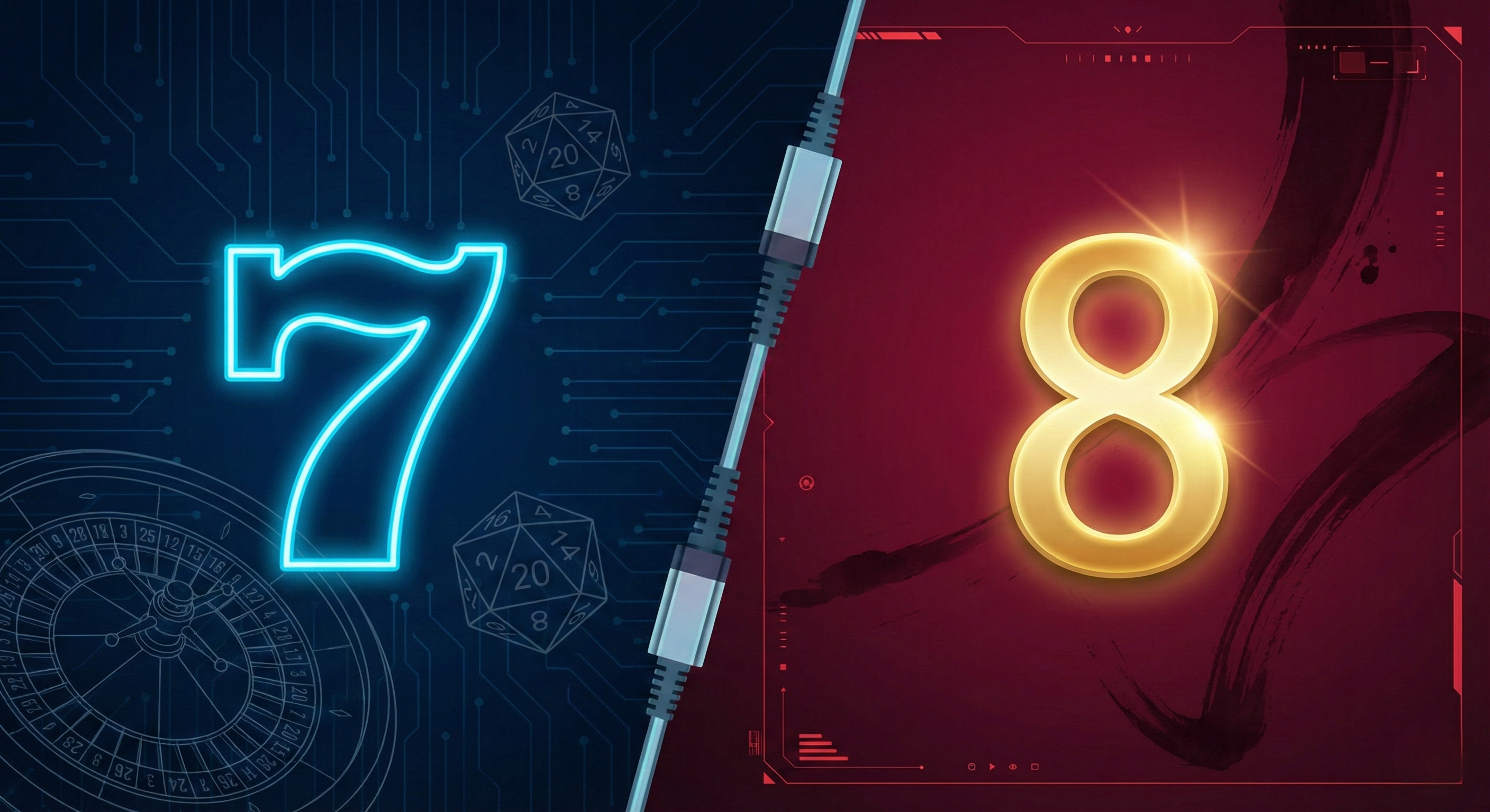 Neon seven faces glowing gold eight split screen